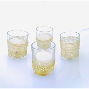 Set of 4 Glass Tea Light Candle Holders with Tea Lights 2.5” Tall NWOT Clear